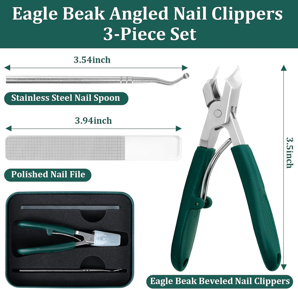 🦅 3Pcs Eagle-Beak Ingrown Toenail Clipper  – Ultra Sharp, Precision 30° Curved Blade, Splash-Proof