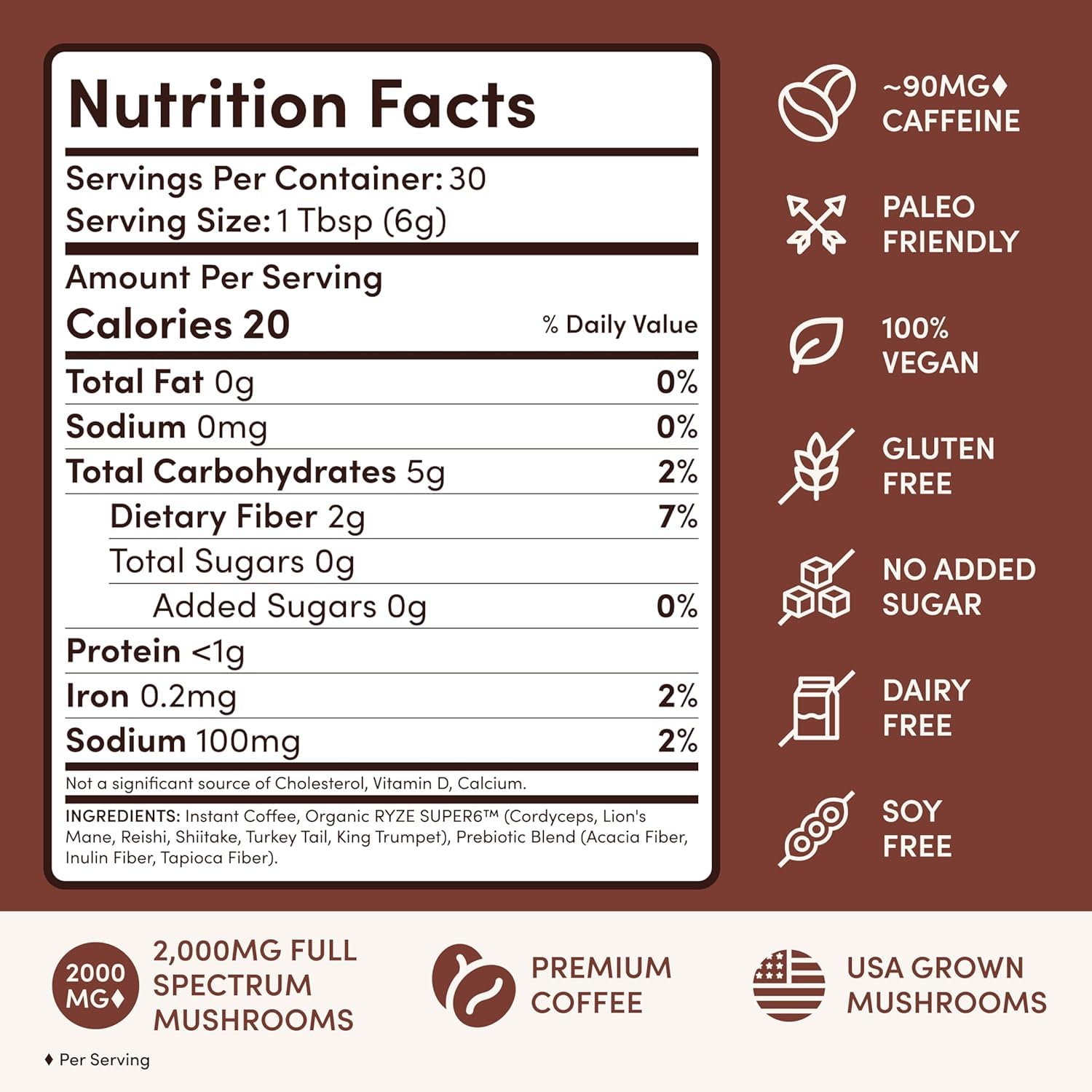 RYZE SUPERFOODS Mushroom Medium Roast Coffee USDA Organic with 6 Adaptogenic Mushrooms, USA Grown Instant Coffee for Better Energy, Focus Digestion Immunity with Lions Mane & Turkey Tail 30. Pack of 1