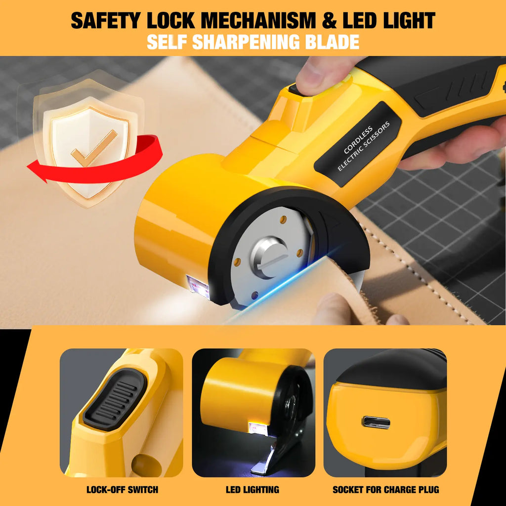 【MothersDayGift】Cordless Electric Scissors 4V – Rechargeable Heavy Duty Cutter with Safety Lock, LED Light, Long Battery Life & 2 Extra Blades | Easy-to-Use Wireless Shears for Cardboard, Packaging Yellow with Storage Bag