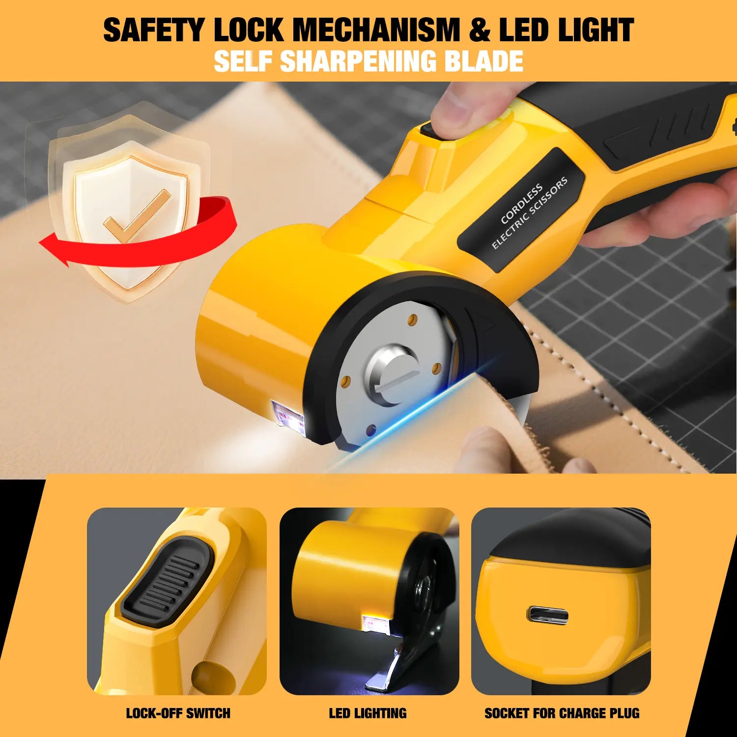 【MothersDayGift】Cordless Electric Scissors 4V – Rechargeable Heavy Duty Cutter with Safety Lock, LED Light, Long Battery Life & 2 Extra Blades | Easy-to-Use Wireless Shears for Cardboard, Packaging Yellow with Storage Bag