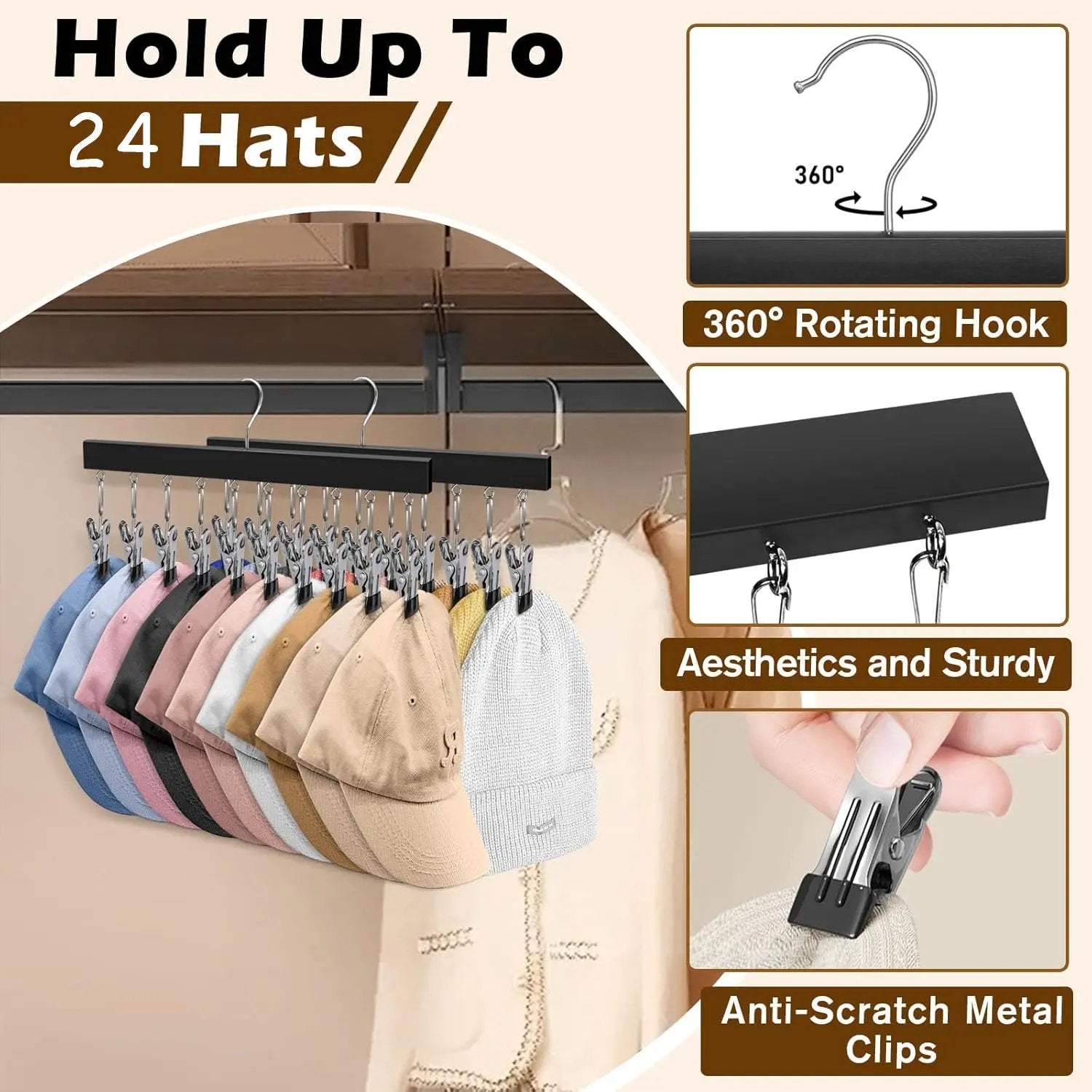 Wooden Hat Organizer with 12 Stainless Steel Clips Holds