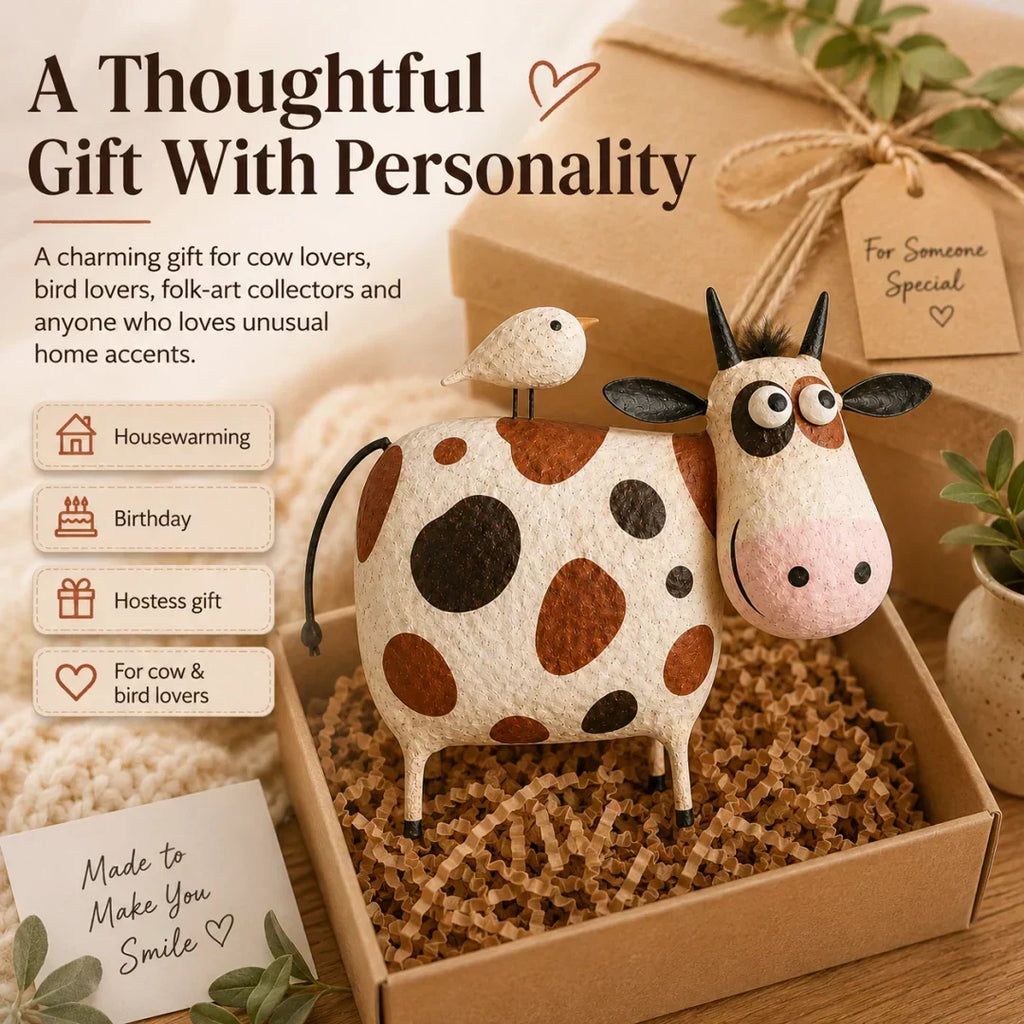 🐄Whimsical Cow & Bird Folk Art Figurine – Rustic Farmhouse Tabletop Decor Gift