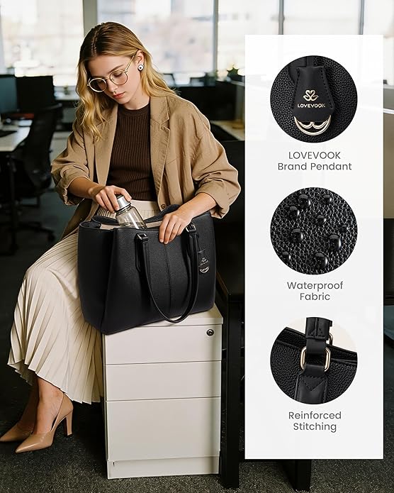 LOVEVOOK Laptop Tote Bag for Women 15.6 In Work Bags with Triple Compartments Large Faux Leather Computer Office Briefcase