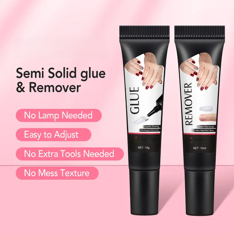 Newly Upgraded 10g Quick-Drying Semi-Solid Nail Glue with 10ml Remover – Long-Lasting Adhesive Gel for Press-On Nails, Acrylic Tips, and Salon-Quality Nail Kits – Easy Application, No UV Lamp Needed for Home or Salon Use