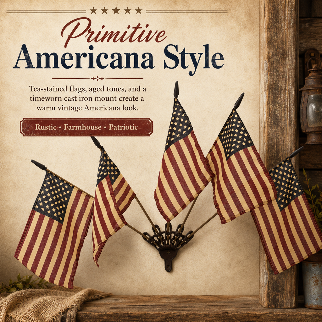 Five Tea-Stained Flags In A Rustic Cast Iron Wall Display