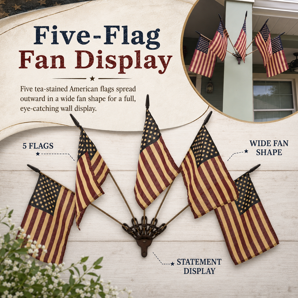Five Tea-Stained Flags In A Rustic Cast Iron Wall Display