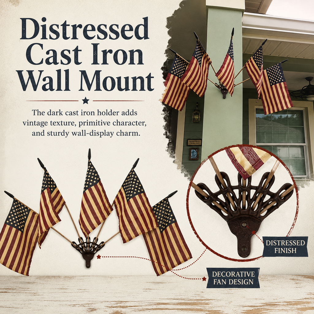 Five Tea-Stained Flags In A Rustic Cast Iron Wall Display