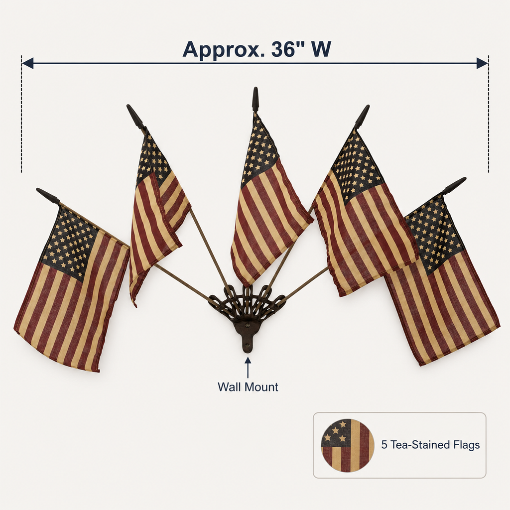 Five Tea-Stained Flags In A Rustic Cast Iron Wall Display