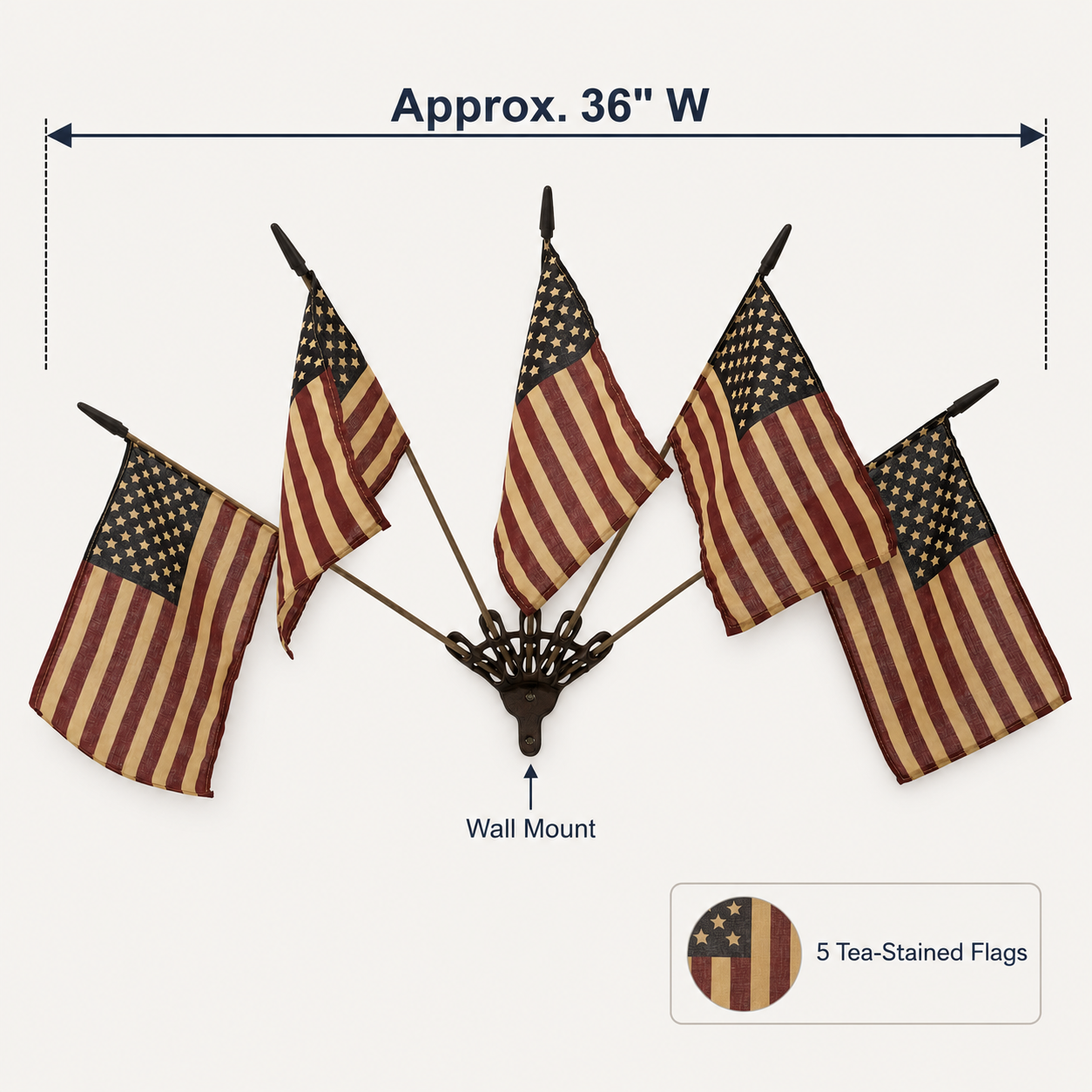 Five Tea-Stained Flags In A Rustic Cast Iron Wall Display