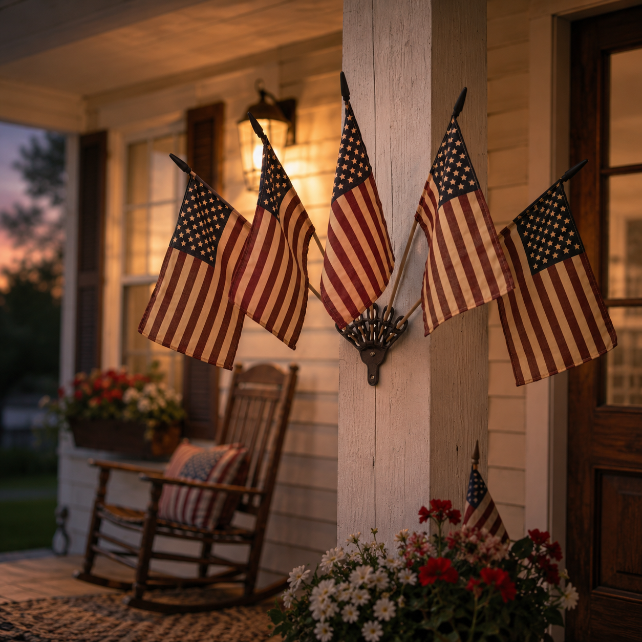 Five Tea-Stained Flags In A Rustic Cast Iron Wall Display