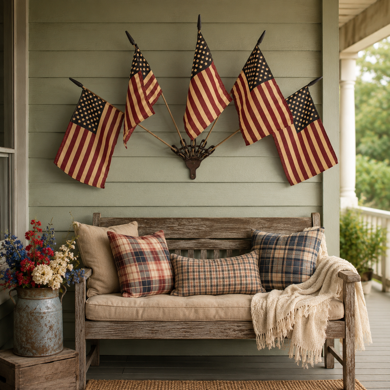 Five Tea-Stained Flags In A Rustic Cast Iron Wall Display