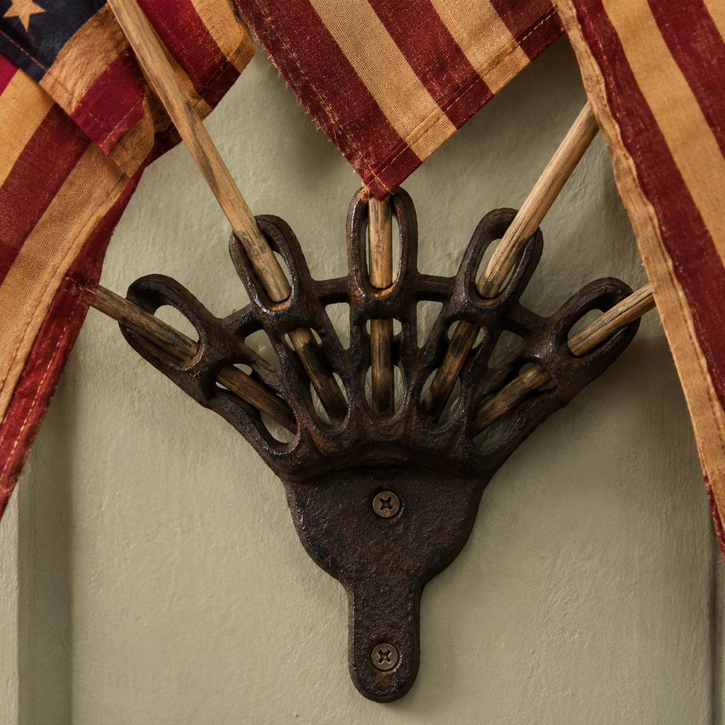 Five Tea-Stained Flags In A Rustic Cast Iron Wall Display