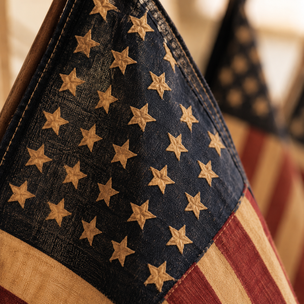Five Tea-Stained Flags In A Rustic Cast Iron Wall Display