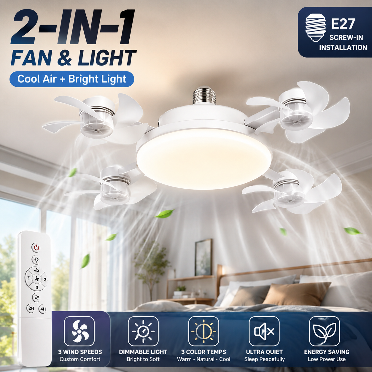 🏠2026 New E27 Socket Ceiling Fan Light - 2-in-1 Silent LED Fan with Remote Control, Energy-Saving Cooling & Lighting Combo for Home Bedroom