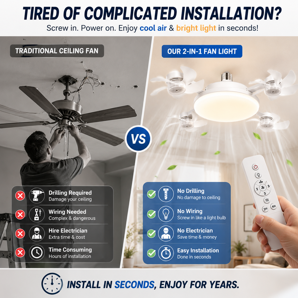 💡2026 New E27 Socket Ceiling Fan Light - 2-in-1 Silent LED Fan with Remote Control, Energy-Saving Cooling & Lighting Combo for Home Bedroom