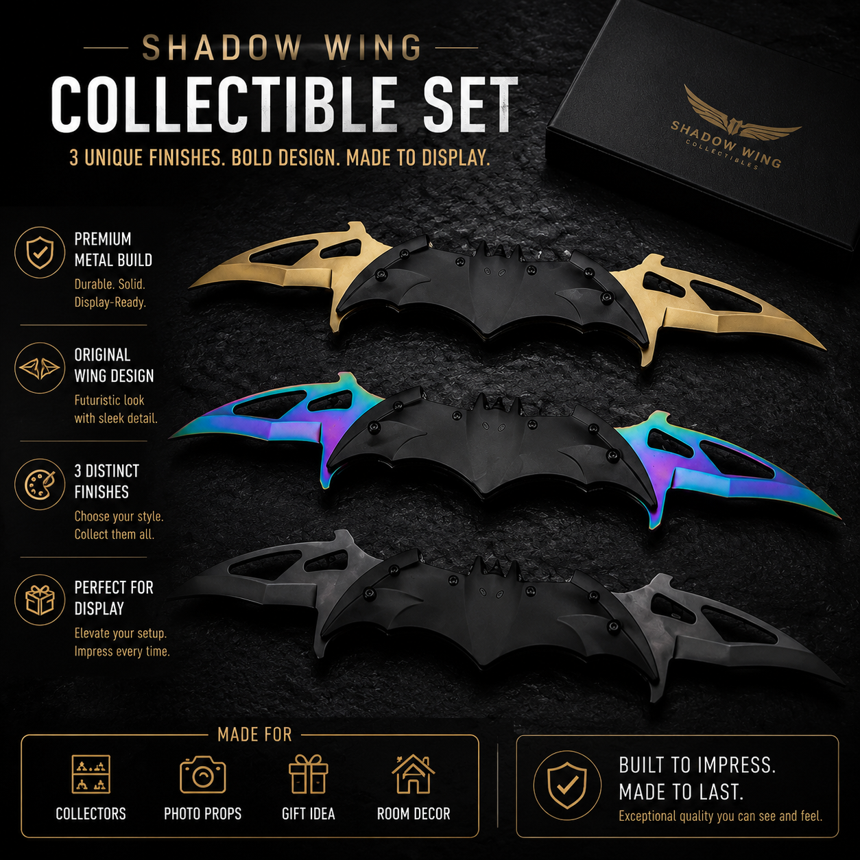 Nocturnal Wing Collectible Set – Premium Metal Display Art Piece (3 Finishes)