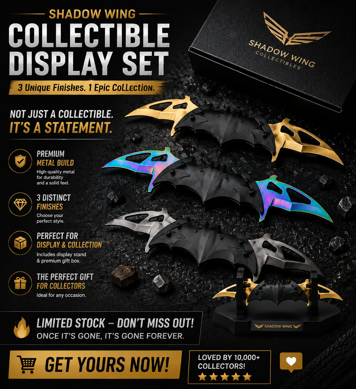⚡Nocturnal Wing Collectible Set – Premium Metal Display Art Piece (3 Finishes)