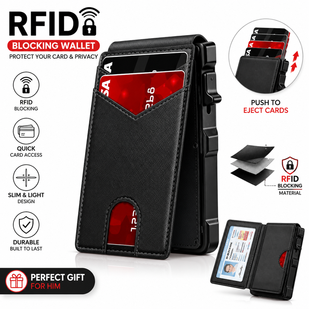 🔐 RFID Blocking Minimalist Pop-Up Wallet | One-Second Card Eject Design & Ultra Slim Pocket Wallet