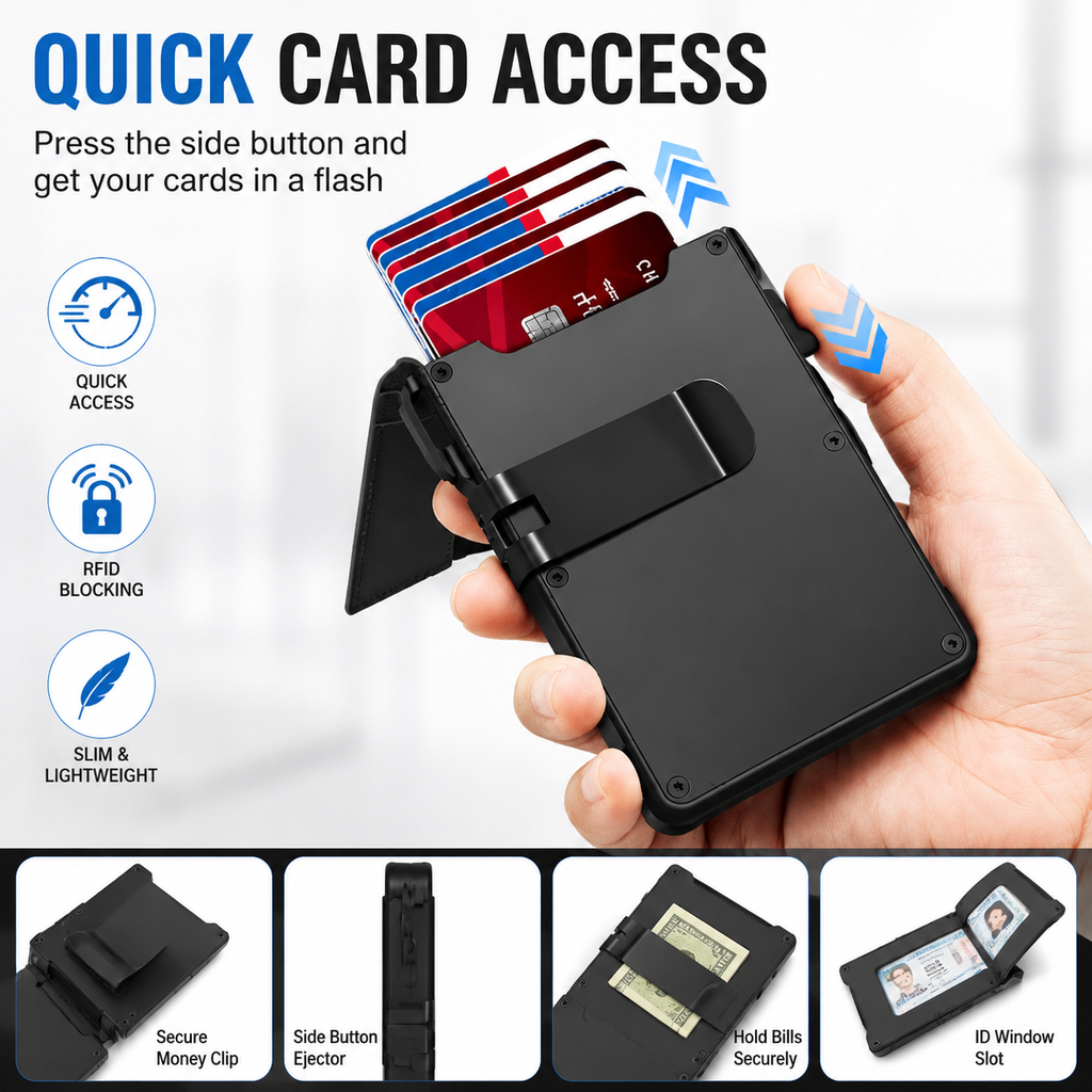 🔐 RFID Blocking Minimalist Pop-Up Wallet | One-Second Card Eject Design & Ultra Slim Pocket Wallet
