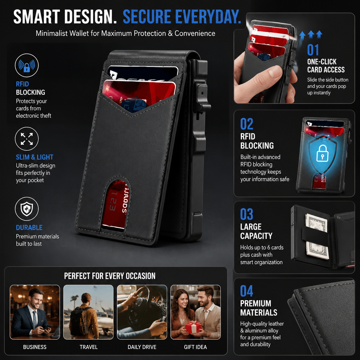 🎁RFID Blocking Minimalist Pop-Up Wallet | One-Second Card Eject Design & Ultra Slim Pocket Wallet