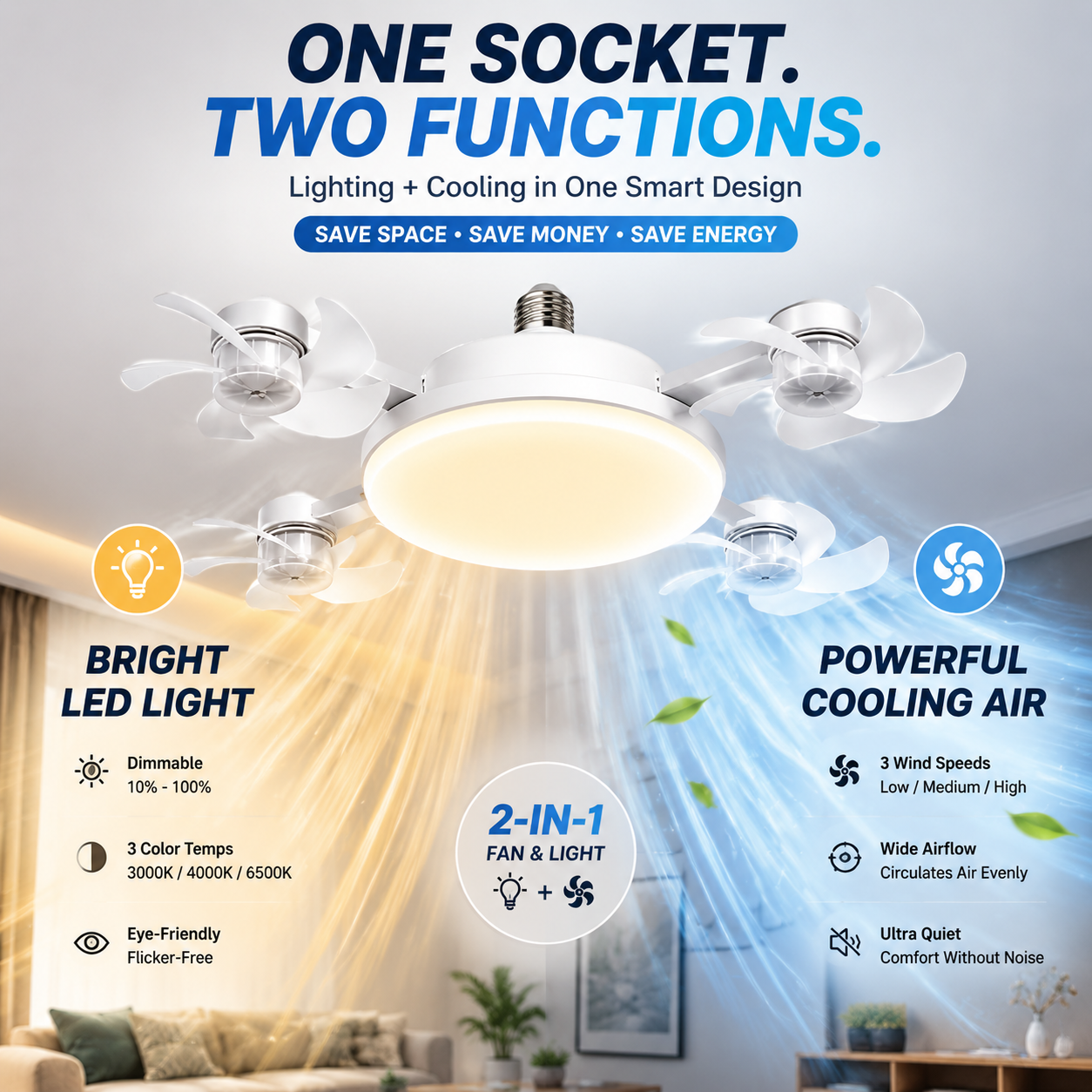🏠2026 New E27 Socket Ceiling Fan Light - 2-in-1 Silent LED Fan with Remote Control, Energy-Saving Cooling & Lighting Combo for Home Bedroom