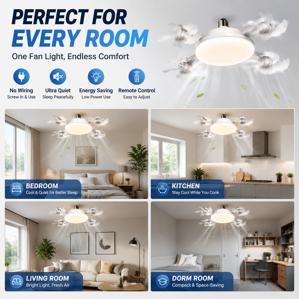 2026 New E27 Socket Ceiling Fan Light - 2-in-1 Silent LED Fan with Remote Control, Energy-Saving Cooling & Lighting Combo for Home Bedroom
