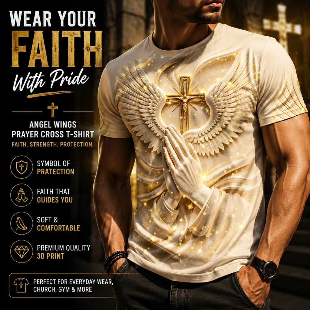 ✝️ Angel Wings Prayer Cross T-Shirt – Faith Inspired 3D Spiritual Graphic Tee for Men