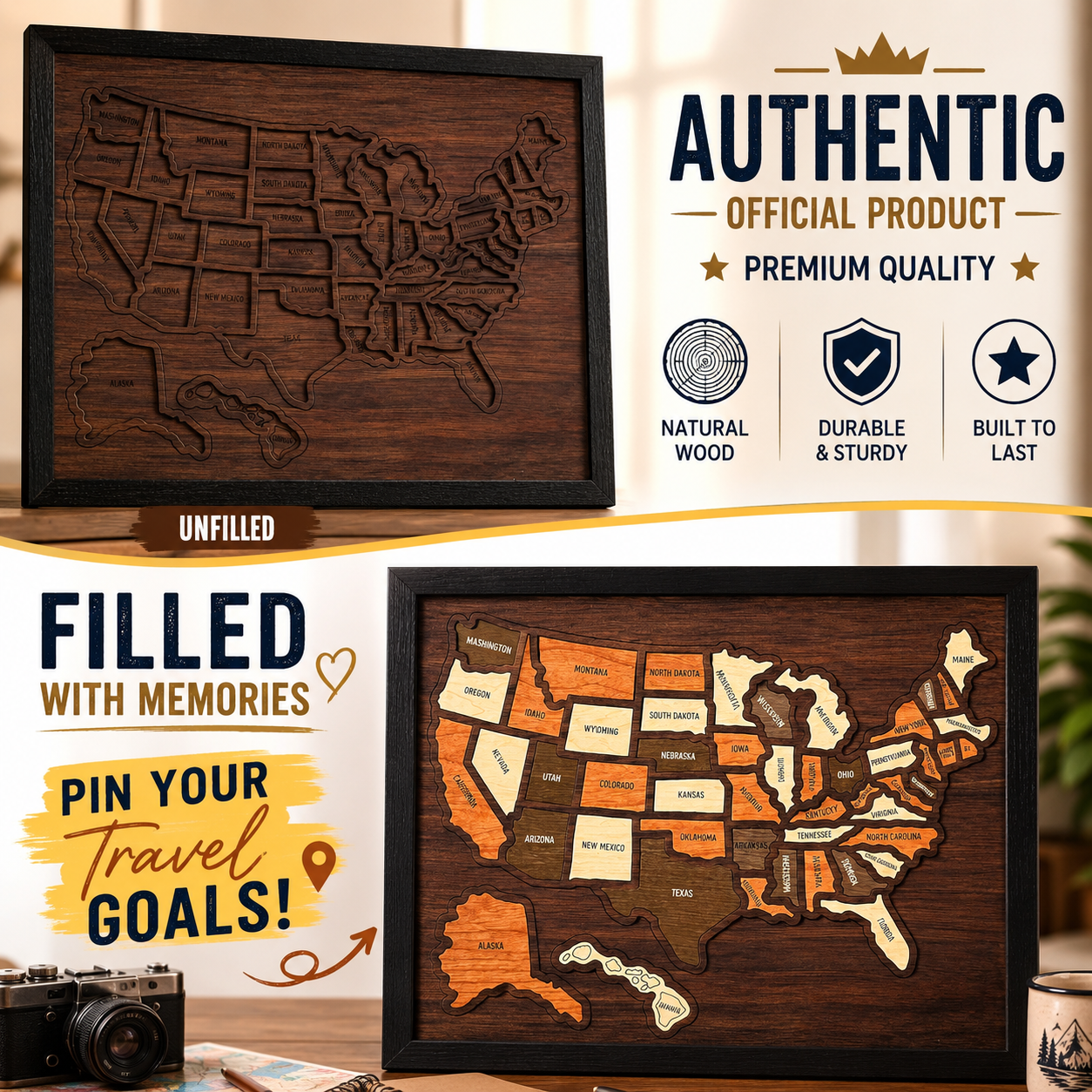 🌏Wooden USA Travel Map Puzzle | Track Your Adventures Across America.