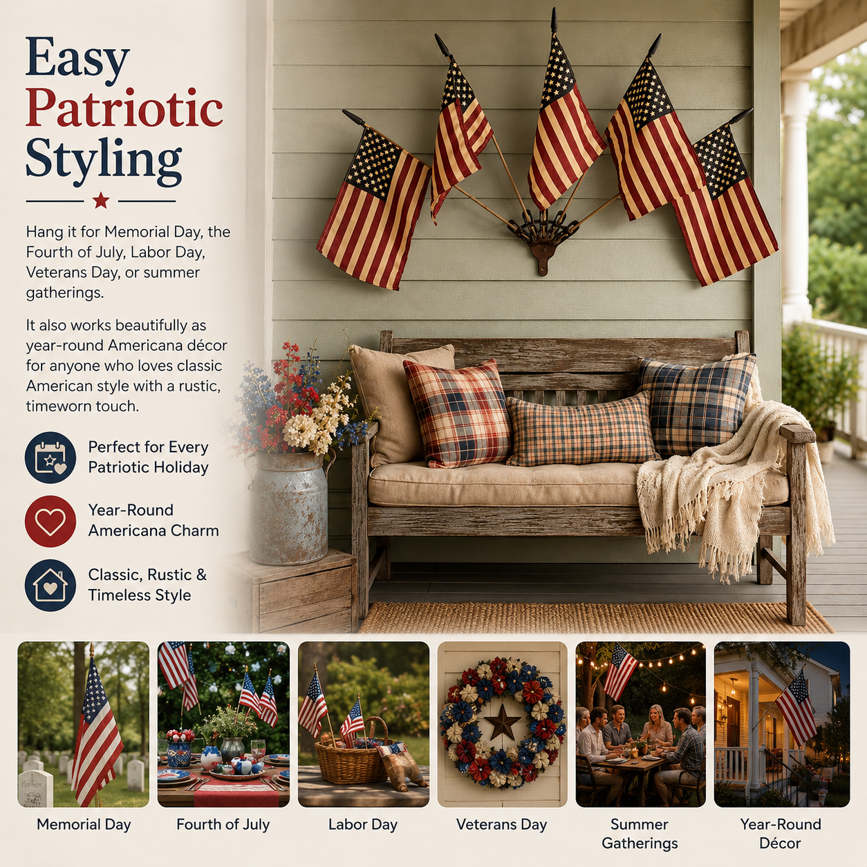 Five Tea-Stained Flags In A Rustic Cast Iron Wall Display