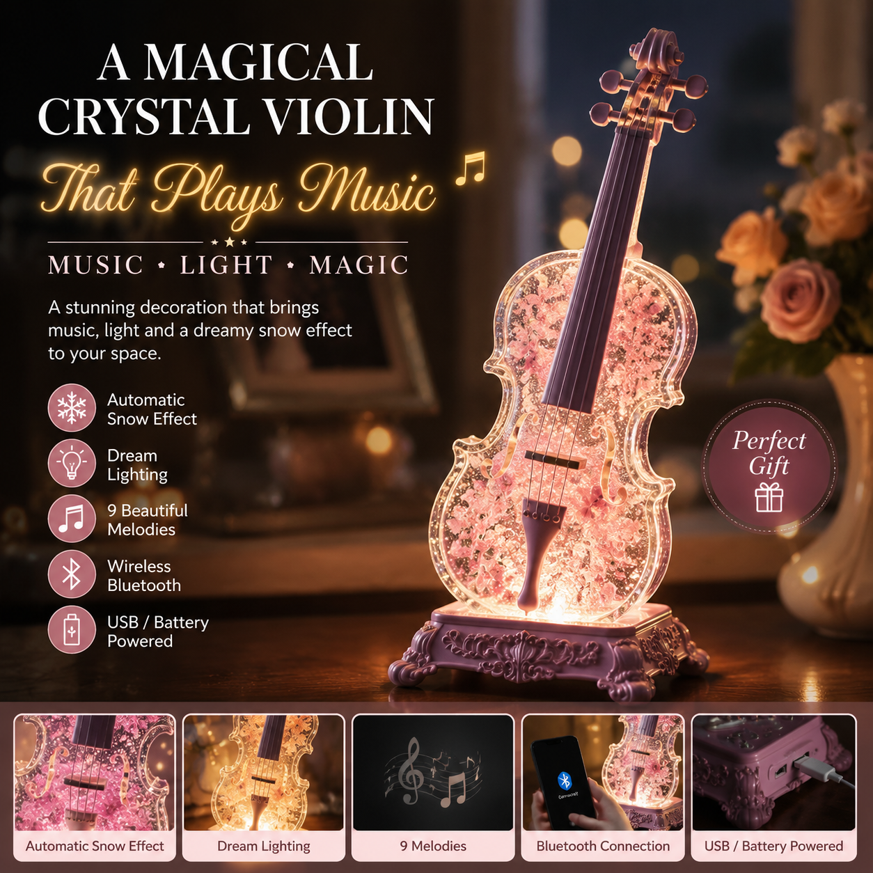 🎻 Crystal Violin Music Box – Bluetooth Speaker With Dream Light & Snow Effect