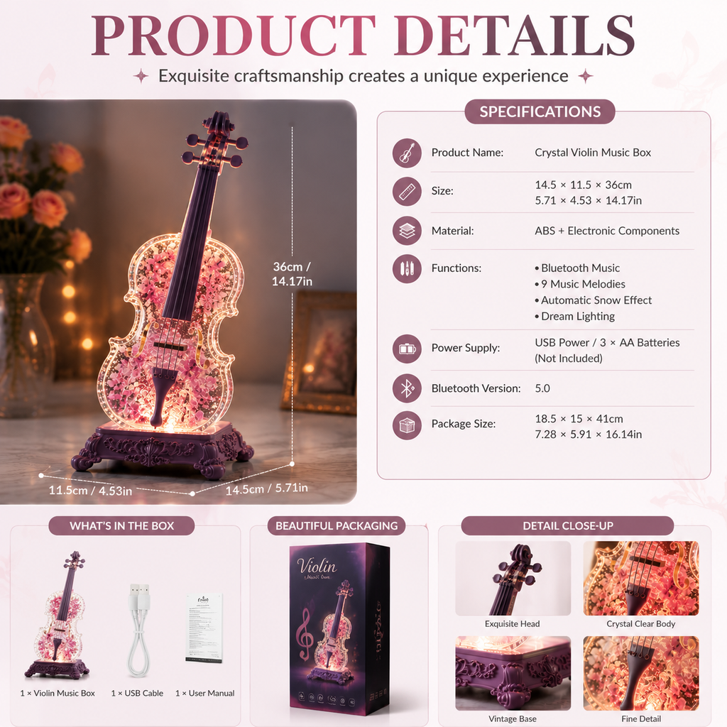 🎻 Crystal Violin Music Box – Bluetooth Speaker With Dream Light & Snow Effect