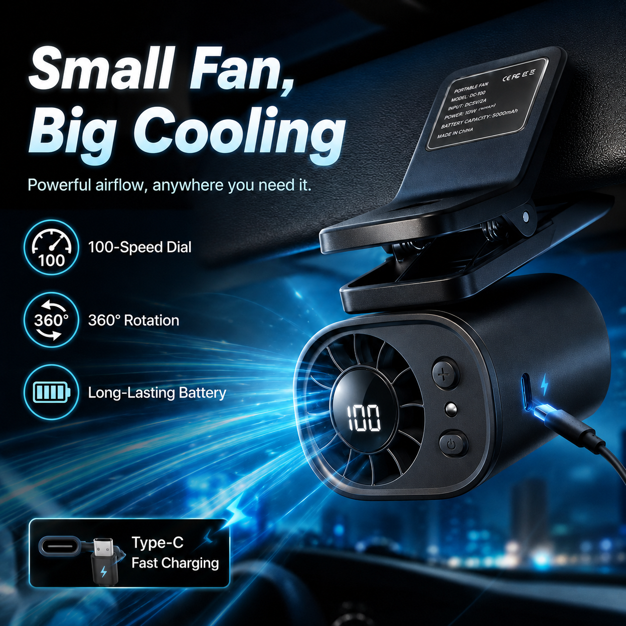 ⚡8400+ sold🌀Car Clip Fan with 360° Rotation & USB Rechargeable