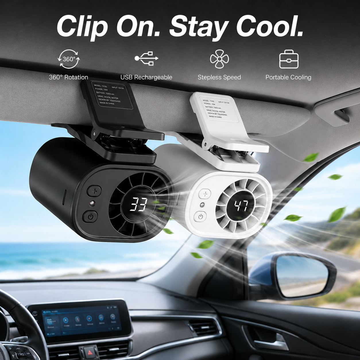 ⚡8400+ sold🌀Car Clip Fan with 360° Rotation & USB Rechargeable