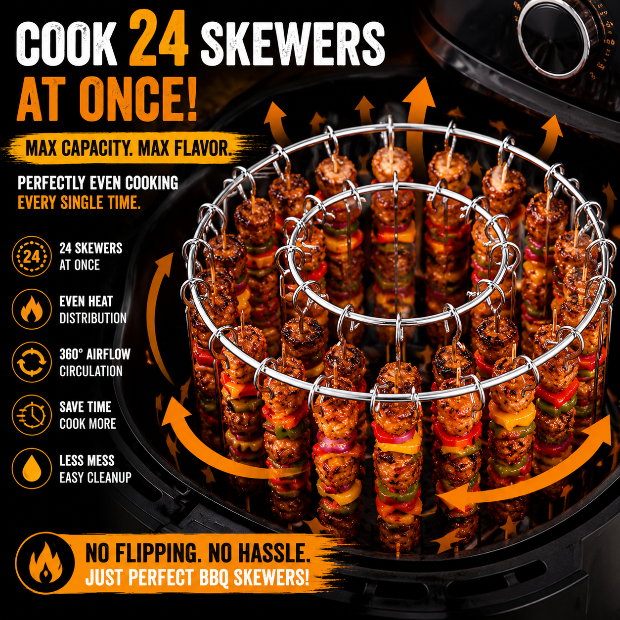 🍢 Cook 24 Skewers at Once – No Flipping, No Mess, No Effort