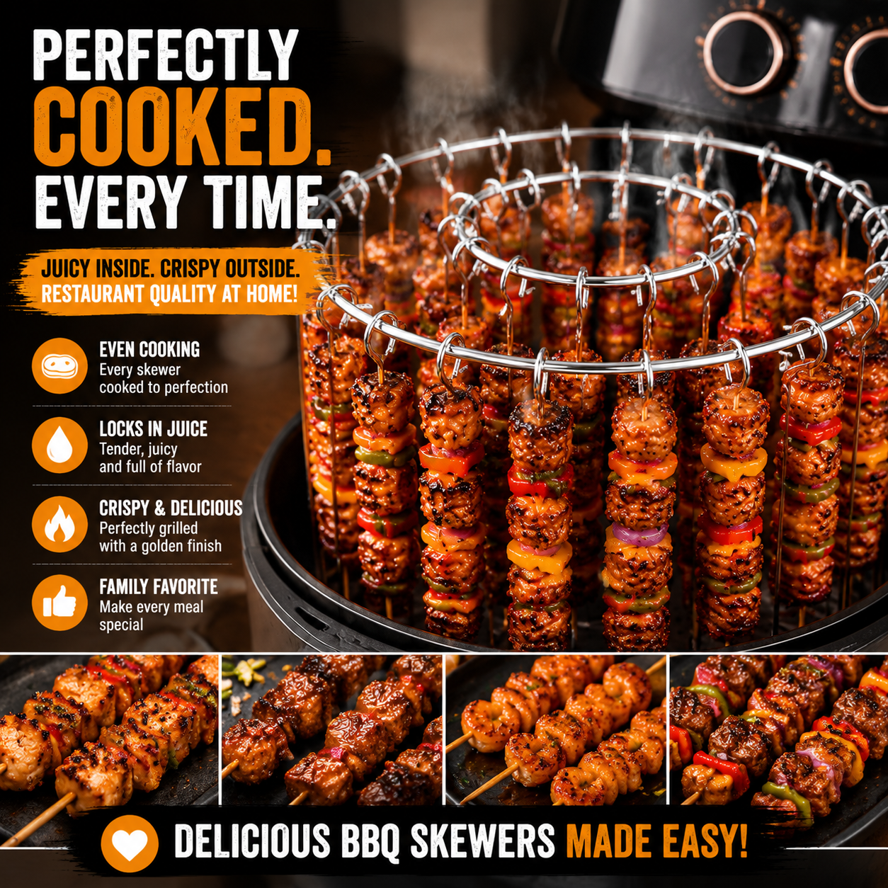 🍢 Cook 24 Skewers at Once – No Flipping, No Mess, No Effort