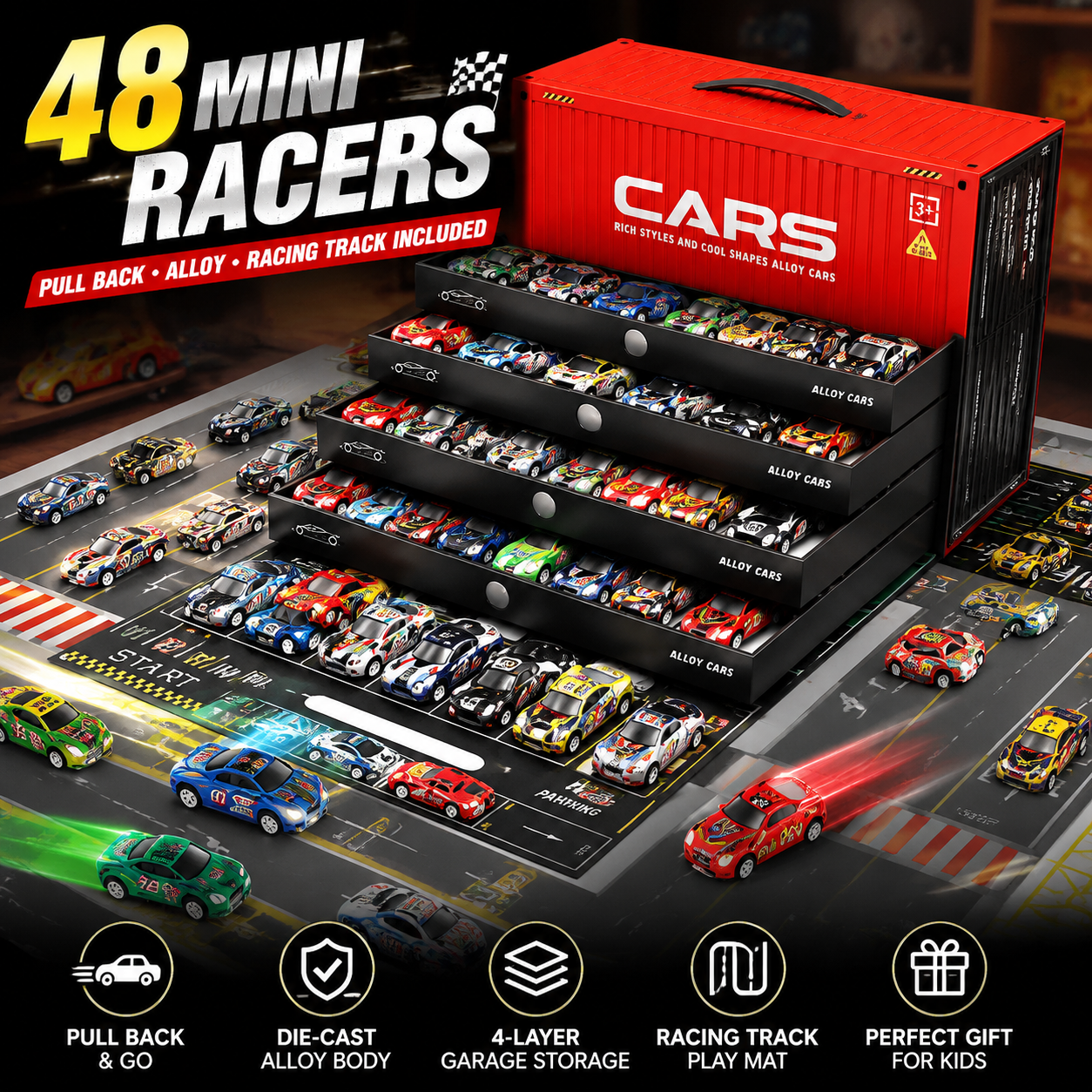 🚗 48PCS Pull-Back Alloy Racing Car Set | 4-Layer Garage Storage & Racing Track Play Mat 🎁（副本）
