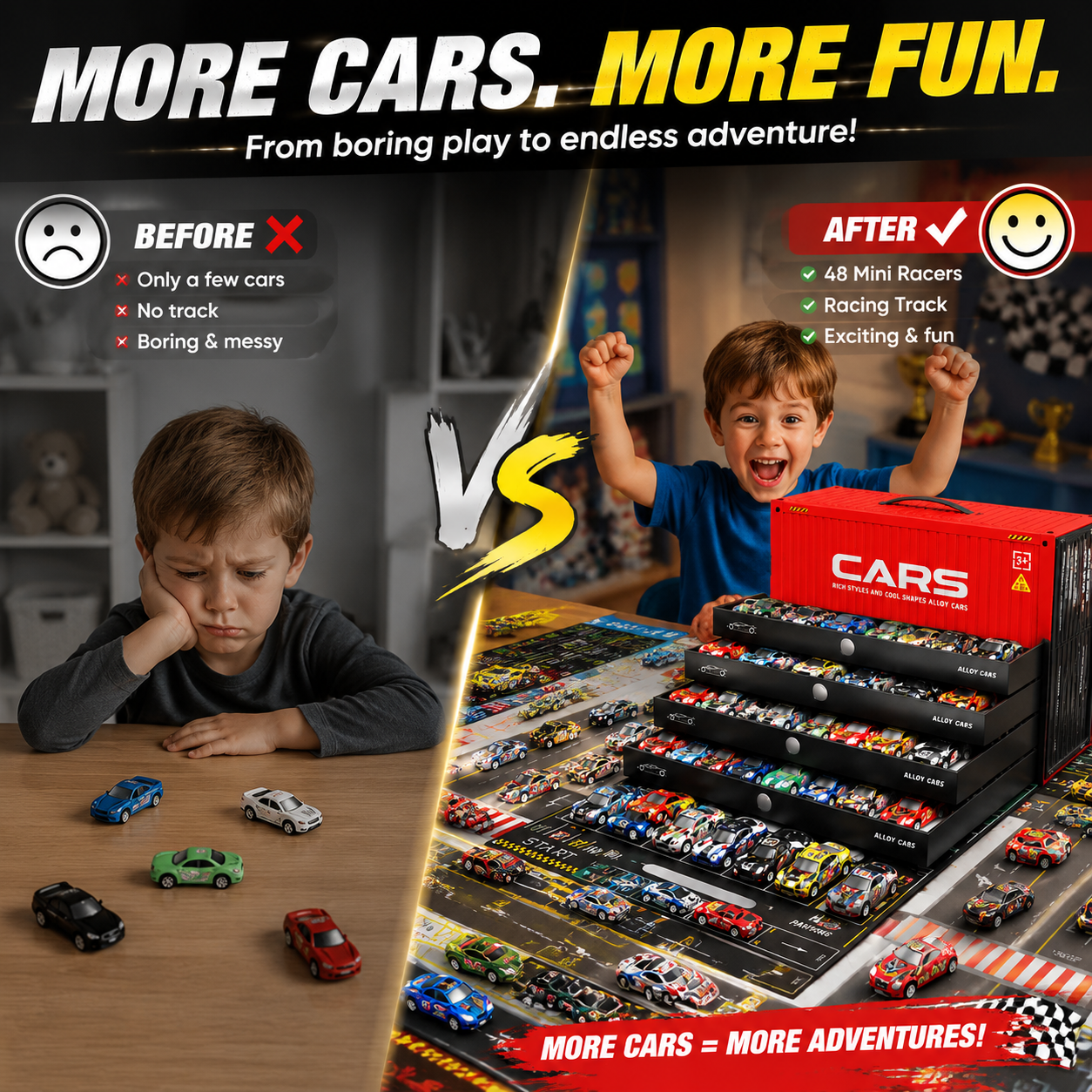 🚨⏳ Last Day 50% OFF! 🚗 48PCS Pull-Back Alloy Racing Car Set | 4-Layer Garage Storage & Racing Track Play Mat 🎁