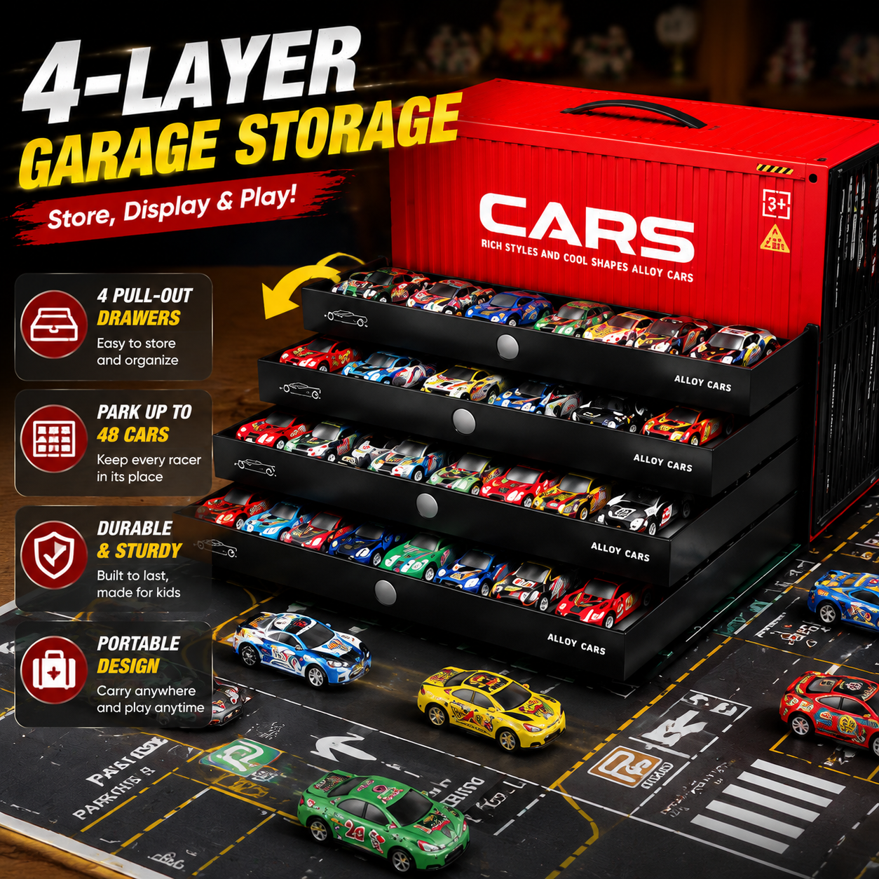 🚨⏳ Last Day 50% OFF! 🚗 48PCS Pull-Back Alloy Racing Car Set | 4-Layer Garage Storage & Racing Track Play Mat 🎁