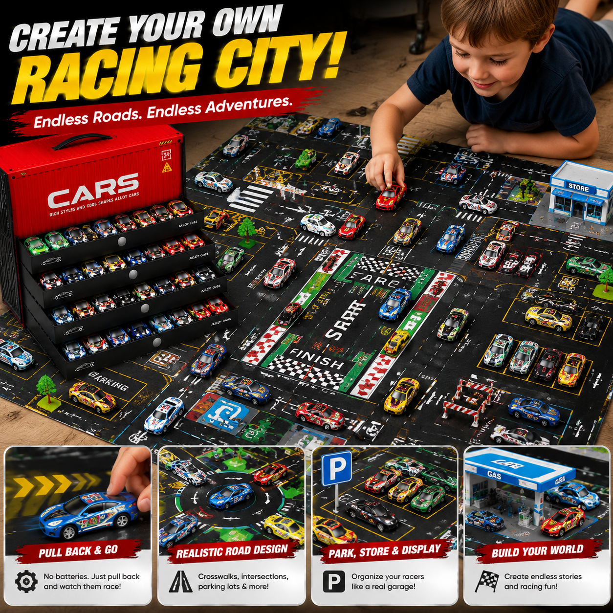 🚨⏳ Last Day 50% OFF! 🚗 48PCS Pull-Back Alloy Racing Car Set | 4-Layer Garage Storage & Racing Track Play Mat 🎁