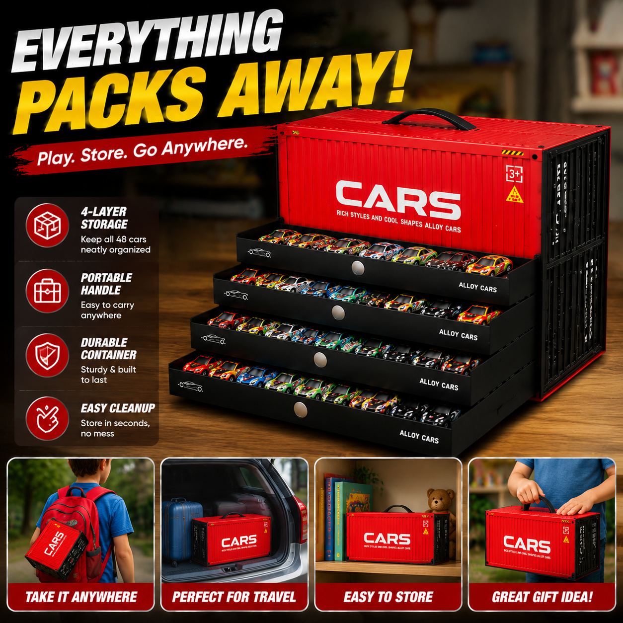 🚗 48PCS Pull-Back Alloy Racing Car Set | 4-Layer Garage Storage & Racing Track Play Mat 🎁（副本）