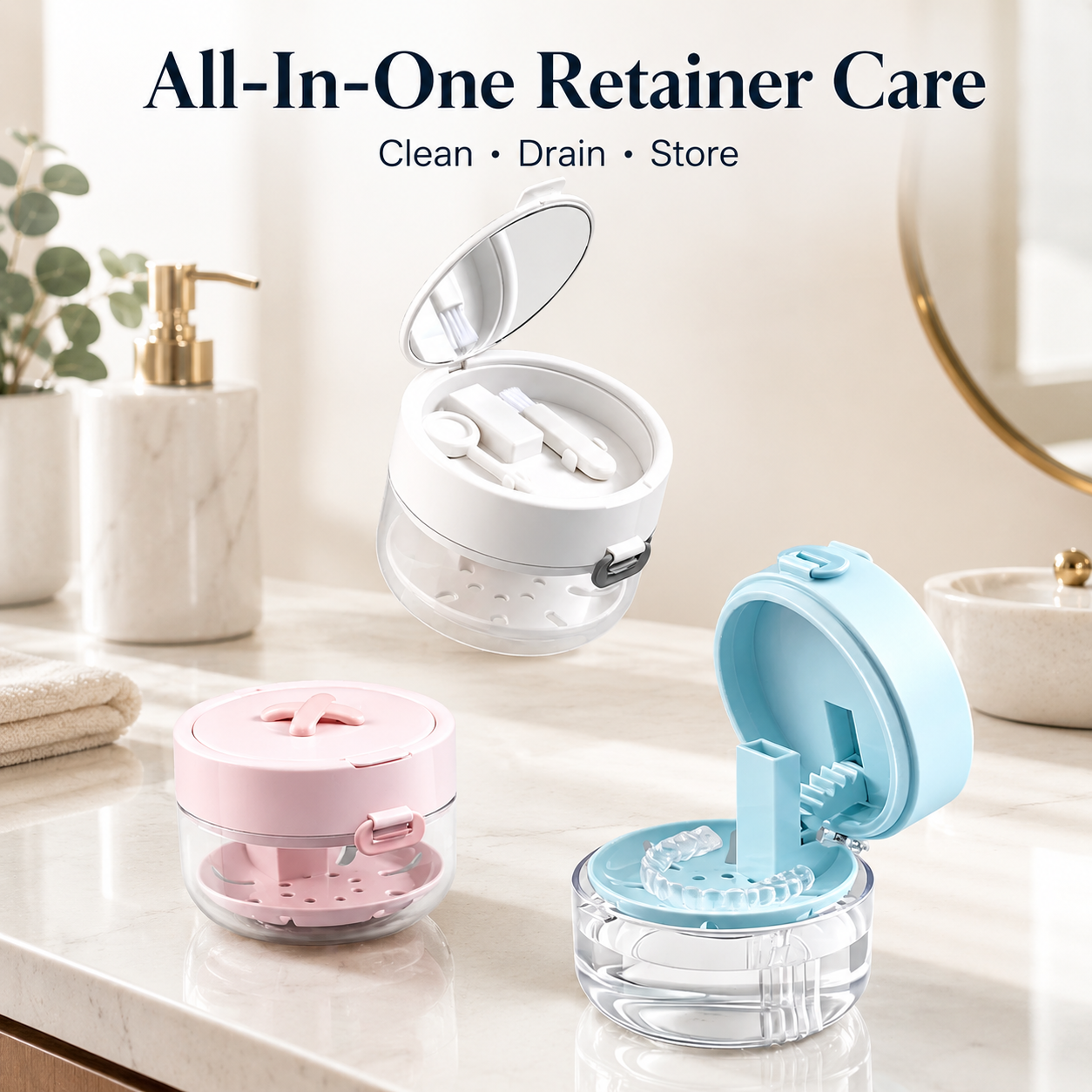 Retainer Cleaner Case with Mirror, Brush & Drain Tray