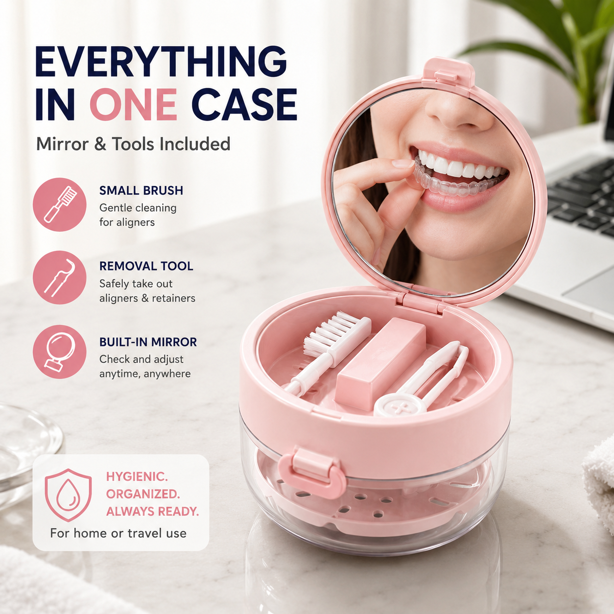 Retainer Cleaner Case with Mirror, Brush & Drain Tray