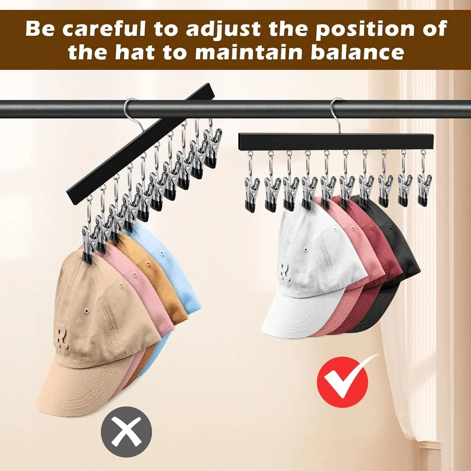 Wooden Hat Organizer with 12 Stainless Steel Clips Holds