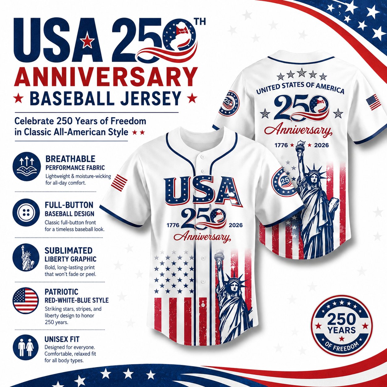 🗽 USA 250th Anniversary Baseball Jersey – Patriotic Statue of Liberty Print, 4th of July Outfit