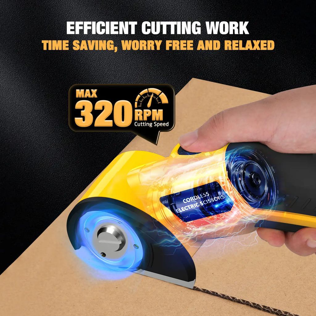 【MothersDayGift】Cordless Electric Scissors 4V – Rechargeable Heavy Duty Cutter with Safety Lock, LED Light, Long Battery Life & 2 Extra Blades | Easy-to-Use Wireless Shears for Cardboard, Packaging Yellow with Storage Bag
