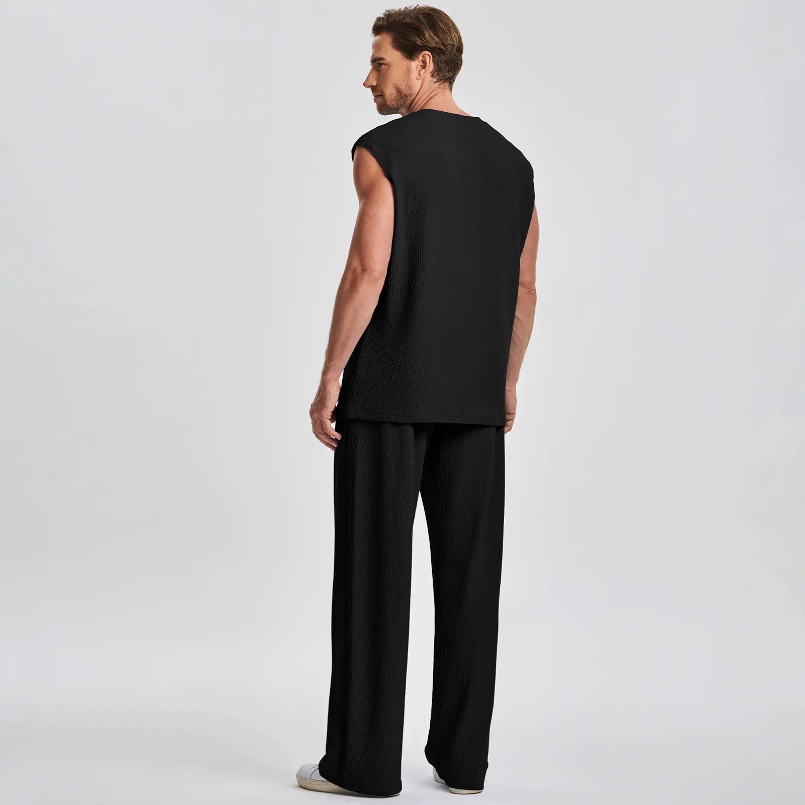 Mens 2 Piece Rib Knit Sweatsuit Summer Sleeveless Tank Top Baggy Wide Leg Pants Set Vacation Beach Outfit for Men