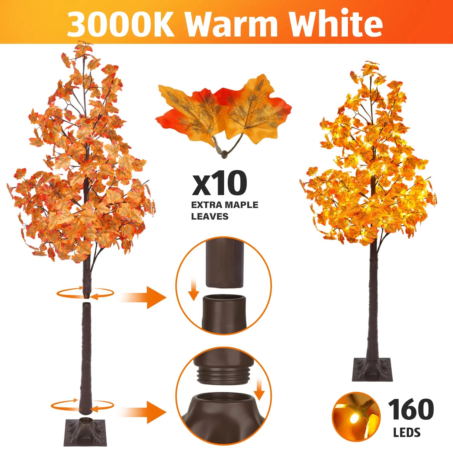 6FT LED Artificial Maple Tree, 160 Warm White Lights Fall Decor Tree with Orange Leaves, Knock-Down Lighted Maple Tree for Thanksgiving Halloween Indoor Outdoor Autumn Home Decor