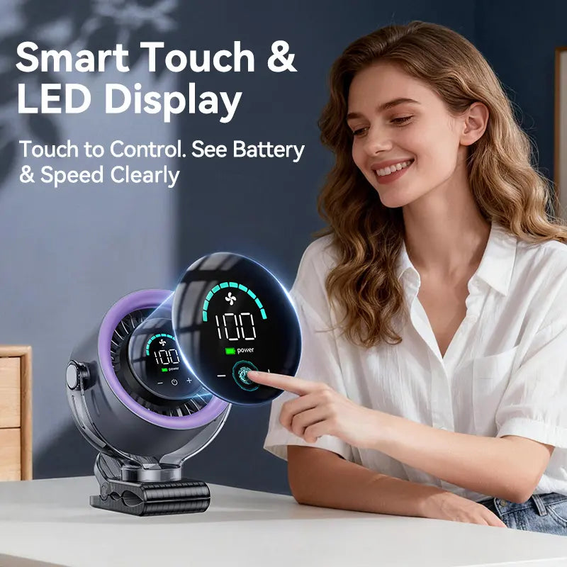 Rechargeable Portable Clip on Fan-100-Speed Touch Control, LED Display, 360° Rotate Quiet Turbo Desk Fan, Small Battery Operated USB Fan for Stroller Bed Travel Camping Golf Gym