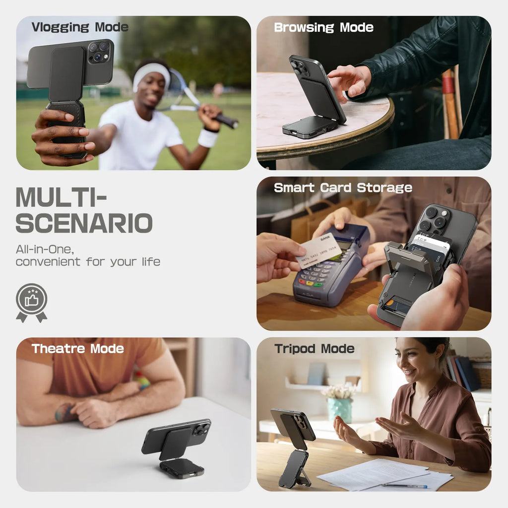 🔥Magnetic Wallet with Stand Compatible with MagSafe, Hold 5 Cards,Adjustable Stand,RFID Blocking,Tripod Phone Stand Magnetic Credit Card Holder for iPhone