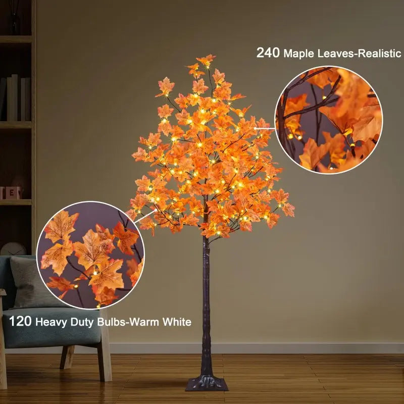 6FT LED Artificial Maple Tree, 160 Warm White Lights Fall Decor Tree with Orange Leaves, Knock-Down Lighted Maple Tree for Thanksgiving Halloween Indoor Outdoor Autumn Home Decor